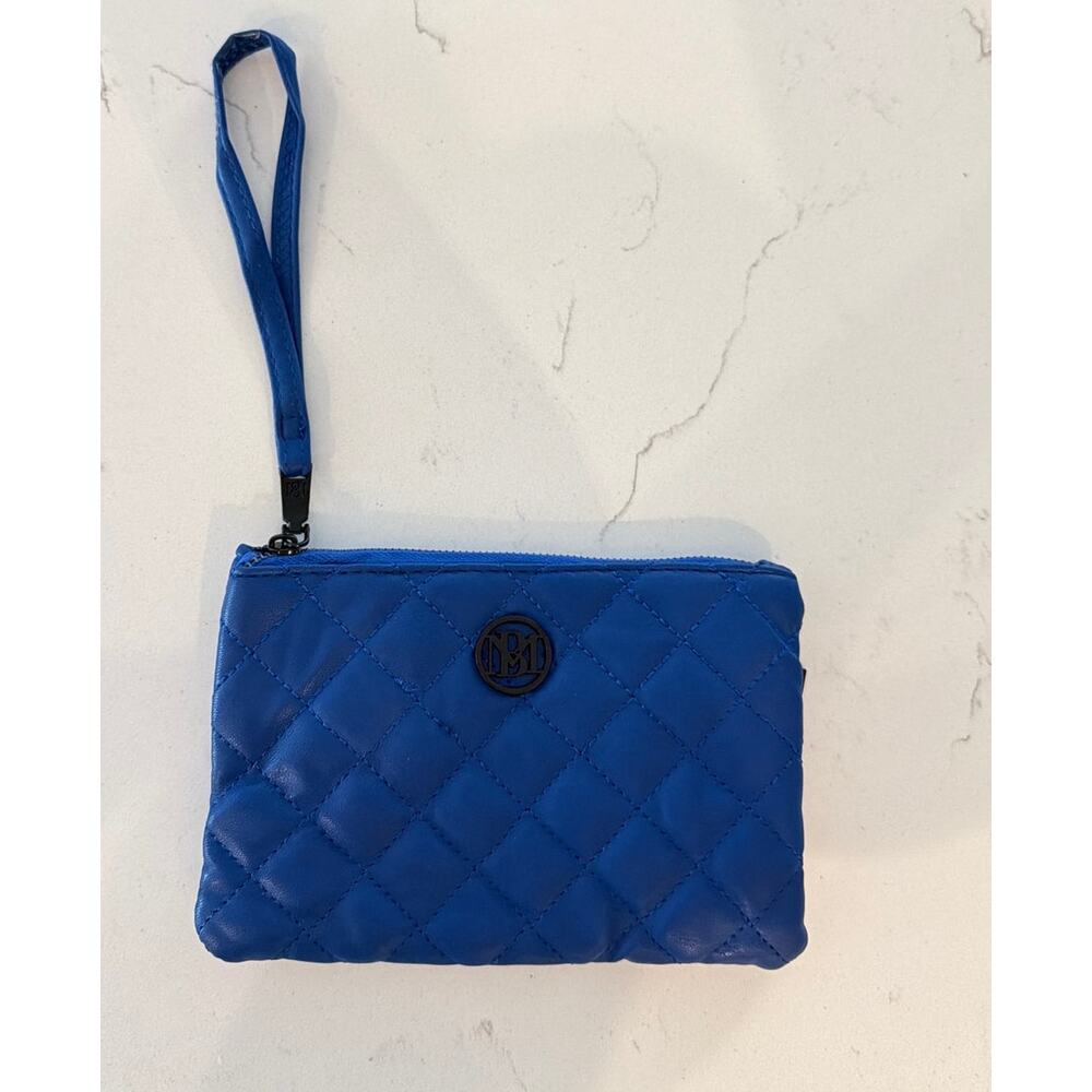 Badgley Mischka Vegan Leather Blue Diamond Quilted Wristlet Pouch Clutch Bag